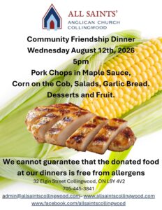 All Saints Anglican Church Collingwood event flyer for a Community Friendship Dinner with pork, corn on the cob and sides; date is Wednesday August 12, 2026 at 5pm.